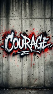 Matapang na graffiti na 'Tapang' sa kongkreto na may pulang at itim na tilamsik, urban grunge.