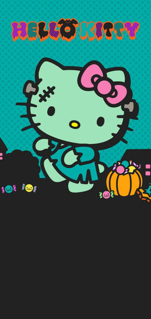 Wallpaper ng berdeng Hello Kitty Halloween na Zombi — Cartoon Halloween Wallpaper