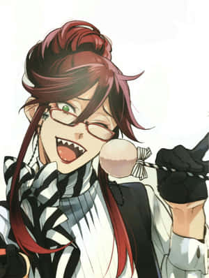 Si Grell Sutcliff na nagpapakita ng makulay at mabangis na pose sa isang nakakabighang ilustrasyon.