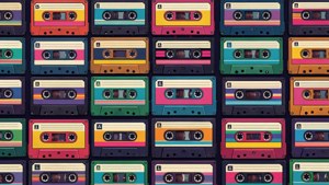 Isang makulay na grid pattern ng retro cassette tapes.