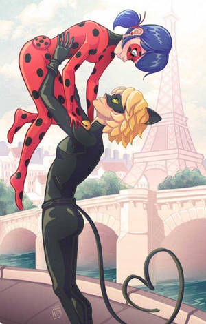 Wallpaper ng halik ni Ladybug at Cat Noir sa Paris — Ladybug at cat noir halik Wallpaper