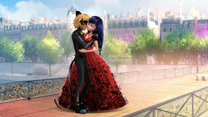 Wallpaper ng halik ni Ladybug at Cat Noir sa tulay
