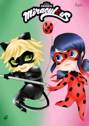 Wallpaper na chibi style ng halik nina Ladybug at Cat Noir — Ladybug at cat noir halik Wallpaper