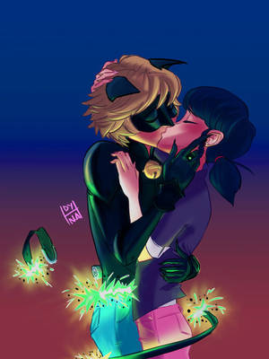 Wallpaper ng halik nina Ladybug at Cat Noir na nagliliyab ang mga kislap — Ladybug at cat noir halik Wallpaper