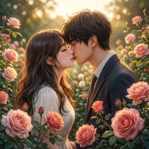 Magkasintahang anime na naghahalikan sa noo sa hardin ng mga rosas — Anime couple GIF Wallpaper
