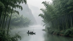 Isang maulang Ilog Yangtze na may kawayan at nag-iisang mangingisda — Tsinoy Wallpaper