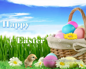 Maligayang Pasko greetings na may pink at blue Easter eggs at chick, Easter wallpaper — 5:4 Wallpaper