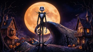 Si Jack Skellington na anino laban sa buwan, nagmamasid sa Bayan ng Halloween. — Nightmare before christmas GIF Wallpaper