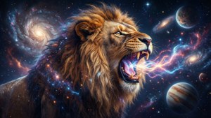 Isang maharlikang leon ng kalawakan ang umaatungal na may kosmikong enerhiya sa gitna ng kumikislap na mga galaksiya. — Galaxy lion GIF Wallpaper