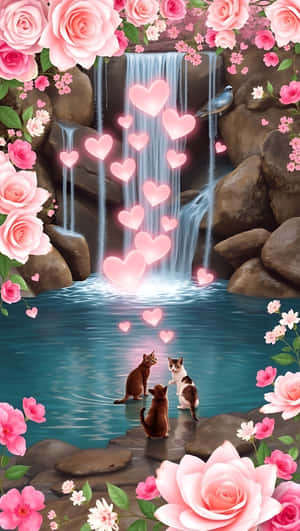 Araw ng mga Puso, talon, mga puso, pag-ibig, mga pusa, kulay rosas, bulaklak, romantiko, wallpaper para sa smartphone — Waterfall Wallpaper