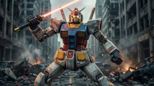 RX-78-2 Gundam sa isang dramatikong tindig ng labanan sa gitna ng isang wasak na siyudad.