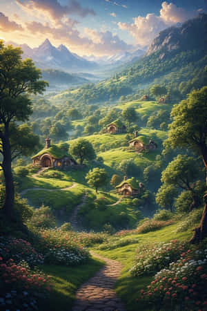 Hobbiton,mga bahay ng hobbit,berdeng burol,pantasya,mga hardin,namumulaklak,kuwentong pambata,pagsikat ng araw,paglalakbay,tanawin,4K — 4K Wallpaper