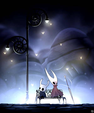 HD wallpaper ng Hornet at Hollow Knight na nagkakaupo magkasama. — Galaxy Z Fold 5 Wallpaper