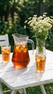 Isang tahimik na tagpo ng tag-init na may iced tea at daisies, estetika ng garden party. — Tag-init aesthetic Wallpaper