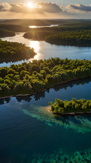 Tropical aerial view, Caribbean coast, nature landscape, drone photography, exotic island, scenic background, aerial jungle, ocean view, tropical destination, travel background, panoramic nature, turquoise ocean, island view, rainforest river, natural sunlight, beach aerial, paradise island, lush vegetation, sunny day, summer travel — 1440x2560 Wallpaper