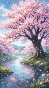 Eksena ng anime ng mga cherry blossom sa tabi ng ilog na may lumulutang na mga talulot.