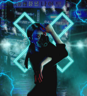 Wallpaper ng cyberpunk na babae na may mask sa neon asul na background — Nubia Flip Wallpaper