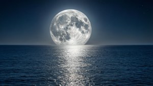 Isang tahimik na tanawin ng kabilugan ng buwan na sumasalamin sa payapang tubig ng karagatan. — Moon Wallpaper