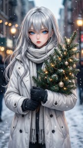 Babaeng anime na may pilak na buhok na may hawak na punong Pasko sa lungsod