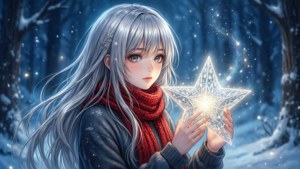 Isang anime na babae na may pilak na buhok at pulang na scarf na may hawak na isang nagniningning na bituin sa isang niyebe na kagubatan.