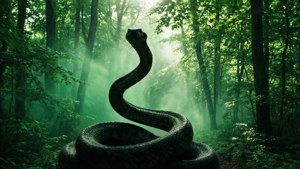 Isang luntiang kagubatan na may silweta ng ahas para sa estetikang Slytherin na inspirasyon sa kalikasan. — Slytherin estetiko Wallpaper