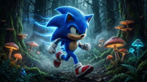 Mabilis na dumaan si Sonic sa isang kumikinang na mahiwagang kagubatan. — Sonic Wallpaper
