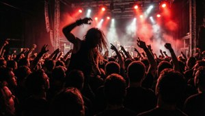Emo aesthetic na mosh pit sa konsiyerto na may pula at itim na ilaw.