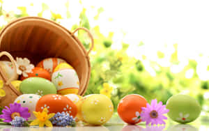 Kaibig-ibig na Easter Bunny na Napapaligiran ng Makukulay na Itlog sa Masiglang Spring Background