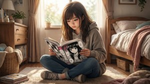 Isang payapang eksena ng isang batang babae na nag-eenjoy sa pagbabasa ng manga sa kanyang silid. — Manga GIF Wallpaper