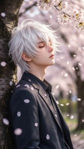 Isang malungkot na anime na lalaki ang nakasandal sa isang puno ng cherry blossom, nahuhulog ang mga talulot sa paligid niya. — Malungkot na anime GIF Wallpaper