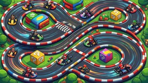 Isometric na tanawin ng isang karerahan sa Mario Kart na may mga kotseng nagkakarera. — Nintendo Wallpaper