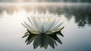 Isang payapang puting lotus na lumulutang sa tahimik na tubig, na sumisimbolo sa minimalistang ganda. — Puting aesthetic Wallpaper