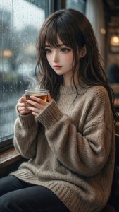 Maaliwalas na anime na babae na may tsaa sa tabi ng maulan na bintana.