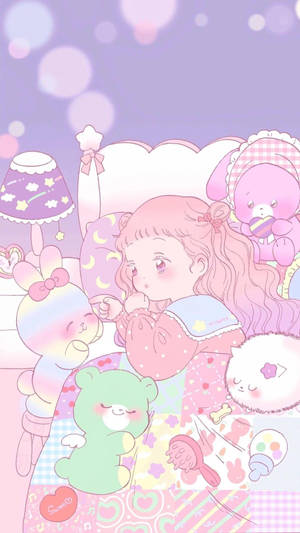 Kawaii Anime Girl sa Kama na May mga Stuffed Toys