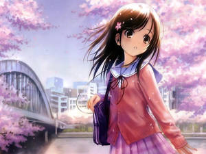 Kawaii Anime Girl na May mga Puno ng Cherry Blossom