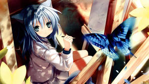 Kawaii Anime na Babaeng Pusa na may Paruparo