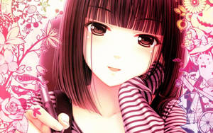 Kawaii Anime na Babae na May Hawak na Panulat na May Mga Doodle