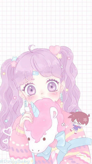 Kawaii Anime na Babae na May Unicorn na Stuffed Toy