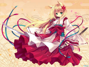 Kawaii na Anime na Babae na May Tenga ng Pusa at Kimono