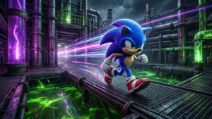 Mabilis na dumadaloy si Sonic sa Chemical Plant Zone na puno ng neon lights, habang nasa ilalim ang mga nakalalasong tubig. — Sonic Wallpaper