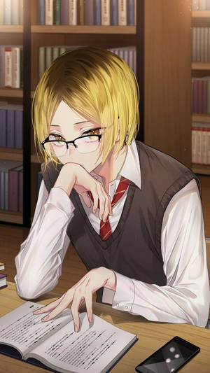 Kenma Nag-aaral sa Silid-Aklatan — Anime Phone Wallpaper