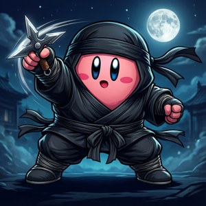 Si Kirby na nakadamit bilang ninja ay naghahagis ng shuriken sa ilalim ng maliwanag na kalangitan sa gabi. — Kirby GIF Wallpaper