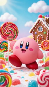Nakatayo si Kirby sa isang candy land na puno ng lollipop at gingerbread houses, maliwanag at matamis. — Kirby GIF Wallpaper