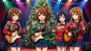 Ang mga babae ng K-On! na nagtatanghal ng konsiyerto ng Pasko sa entablado