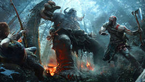 Si Kratos na pumapatay ng isang higanteng troll sa God of War wallpaper.