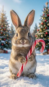 Nakatutuwang kuneho na may candy cane sa maniyebeng parang — Ang cute ng Pasko Wallpaper