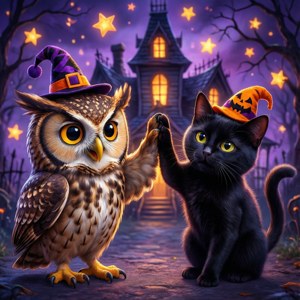 Nakakaibang kuwago at pusa na nagha-high-five na may mga sumbrero ng Halloween malapit sa isang haunted house.