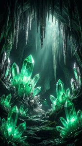 Mga kumikinang na luntiang kristal sa isang yungib ng Slytherin. — Slytherin estetiko Wallpaper