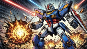 Isang dinamikong labanang mecha manga na may mga pagsabog at sinag ng laser. — Manga GIF Wallpaper
