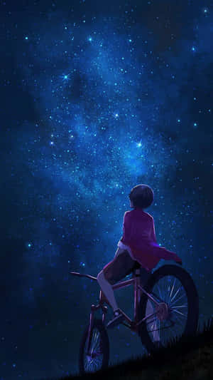 Lalaking Nakasakay sa Pulang Bisikleta na Tumingin sa Gabing Anime na Kalangitan — Anime Phone Wallpaper